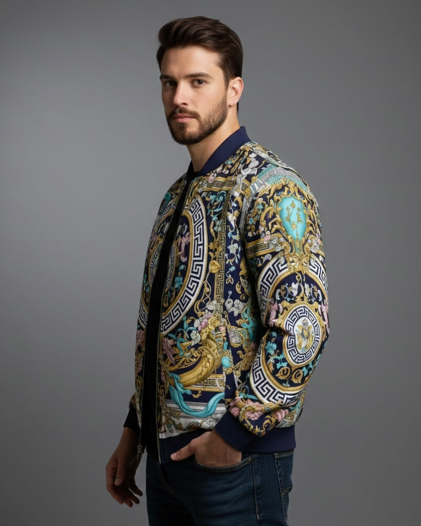 Man wearing a luxury patterned designer jacket on a gray background side view