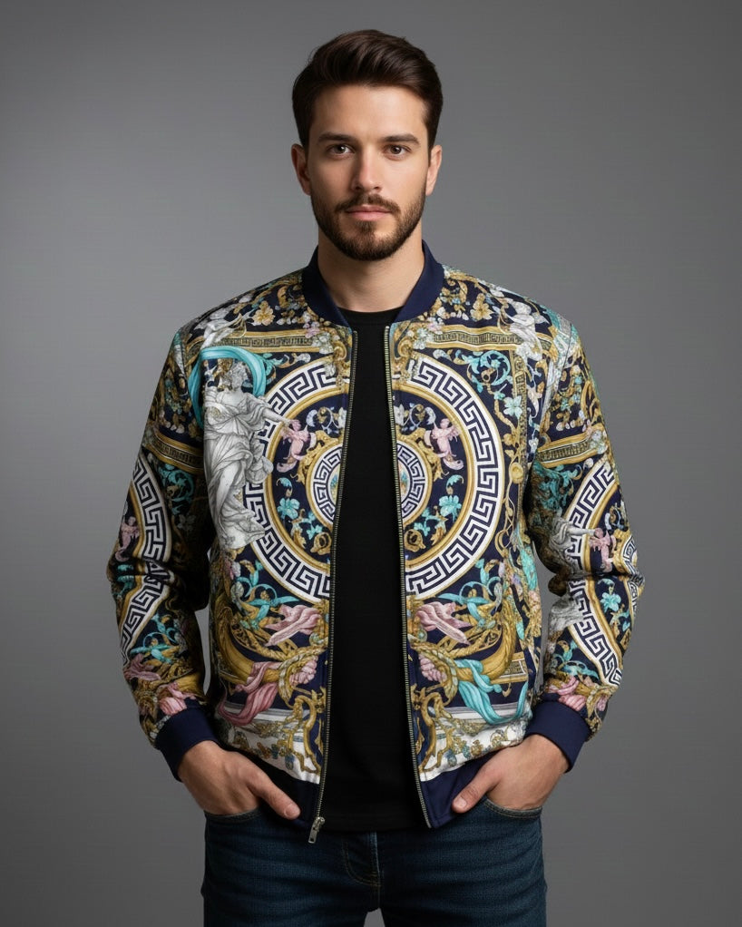 Man wearing a luxury patterned designer jacket on a gray background front view