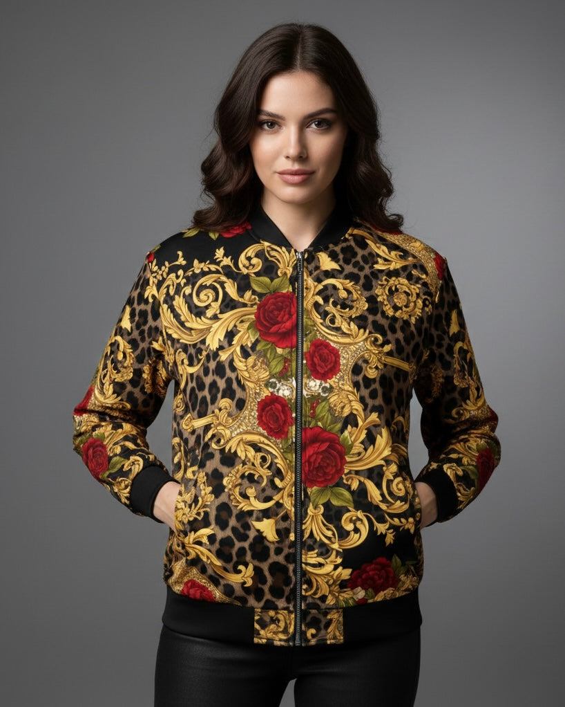 Woman wearing an unique designer jacket with leopard print, gold patterns, and red roses on a gray background front view