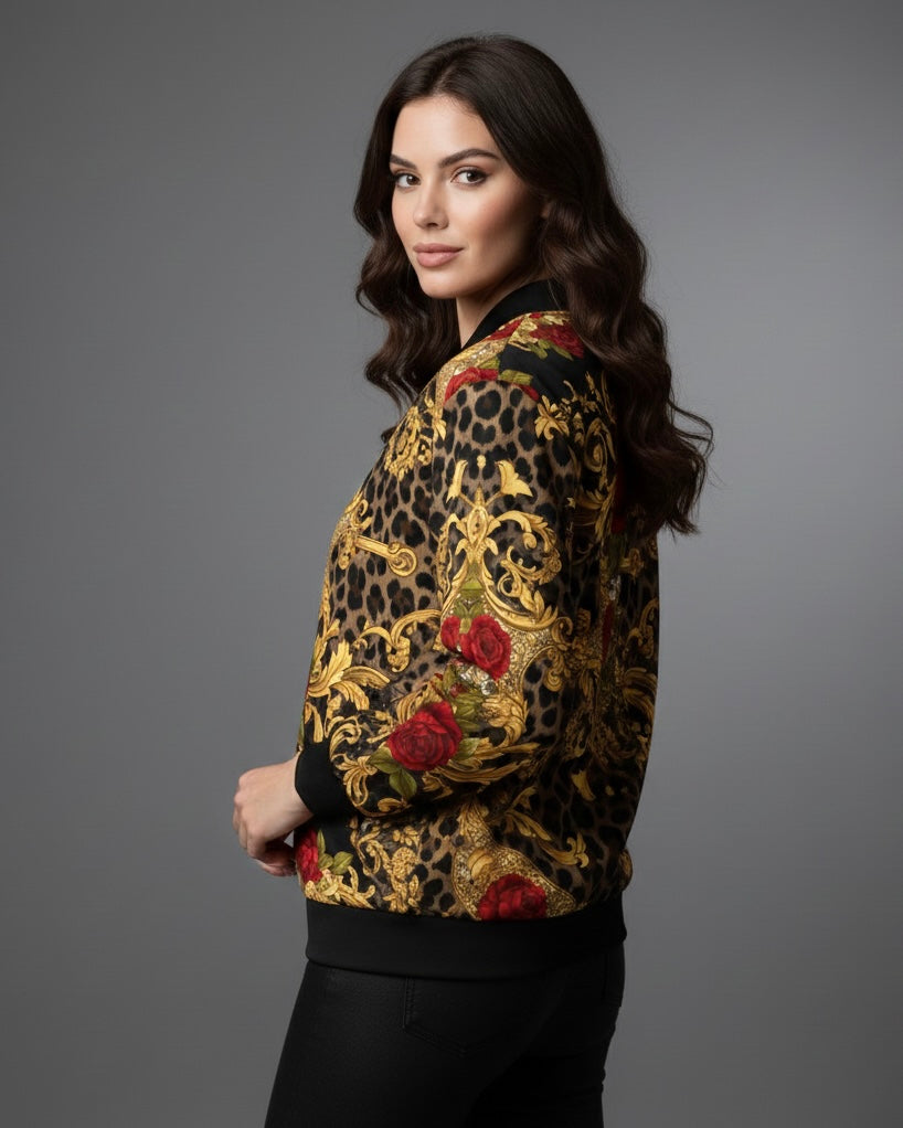 Luxury Baroque & Maximalist Designer Apparel female Model grey background side view