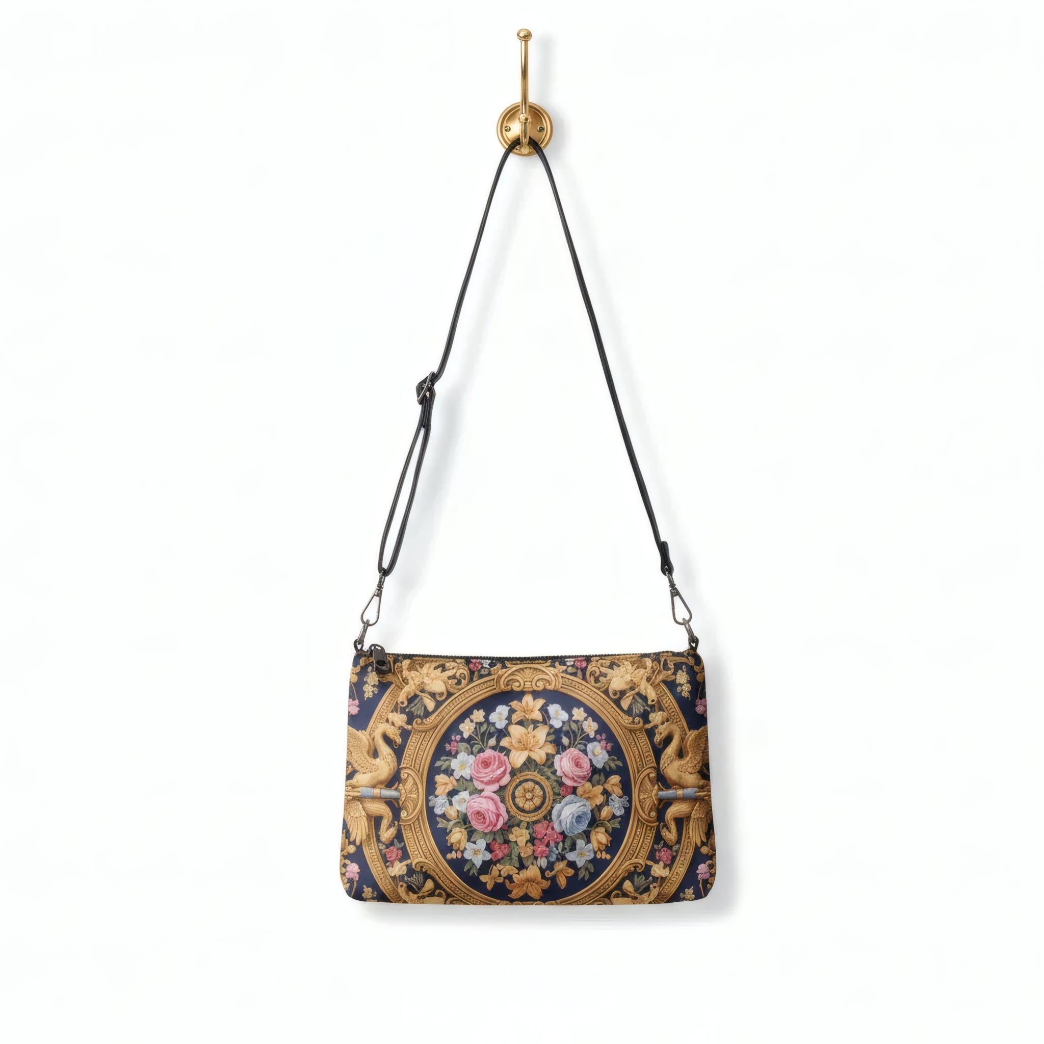 HIEME Fashion Luxury Navy Blue, Gold, Griffin Floral Print Baroque Faux Leather Crossbody Bag